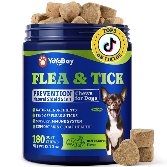 YoYoBay Flea & Tick Prevention for Dogs Chewables, Natural Dog Flea and Tick Control Treatment, Oral Flea Pills, Dogs Supplement, Natural Shield 5-in-1 Protection, Beef & Carrot Flavor, 180 Soft Chews