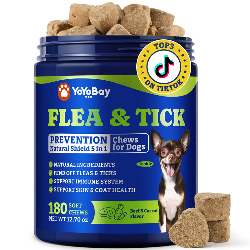 YoYoBay Flea & Tick Prevention for Dogs Chewables, Natural Dog Flea and Tick Control Treatment, Oral Flea Pills, Dogs Supplement, Natural Shield 5-in-1 Protection, Beef & Carrot Flavor, 180 Soft Chews
