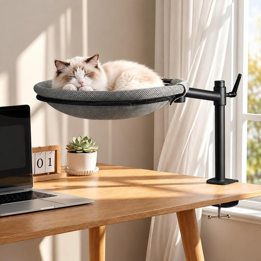 Unidevice Cat Desk Bed - Sturdy Cat Bed for Desk with 360° Rotating & Adjustable Height, Elevated Cats Nest Perch for Desk, Grey