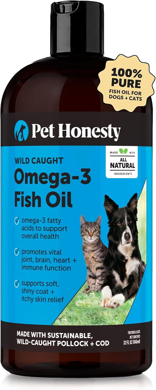 Pet Honesty Omega 3 Fish Oil Supplement for Dogs & Cats (32oz), Wild Caught Omega 3 Fish Oil for Skin and Coat Health, Supports Shedding, Skin & Coat, Immunity, Joint, Brain & Heart, EPA + DHA