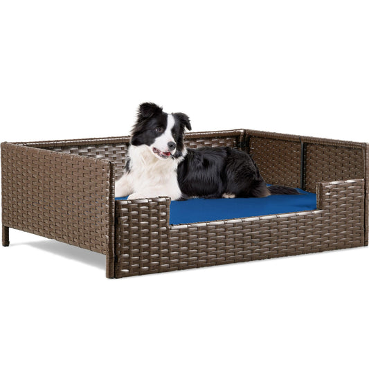 YITAHOME Rattan Dog Sofa Bed with Cushion,Wicker Pet Bed Sofa Couch Indoor Outdoor Water Resistant for Large Medium Small Dogs Cats (34.6''L*23.6''W*11.8'',Blue)