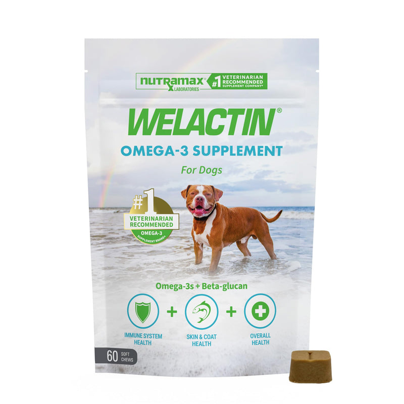 Nutramax Welactin Omega 3 Fish Oil for Dogs, Skin and Coat Health Supplement, Plus Immune and Overall Health, Premium Omega 3 Fatty Acids, Multivitamin For Dogs, Soft Chews, 60 Count
