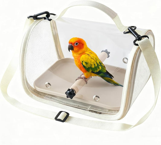Portable Bird Travel Carrier with Transparent Front & Breathable Mesh, Lightweight Parrot Backpack Includes Wooden Perch