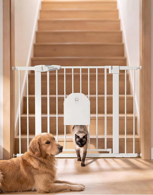 Babelio Auto Close Baby Gate with Cat Door,29-43" Metal Gate for Doorway,Stairs, House,Easy Walk Thru with Pet Door,Includes 4 Wall Cups and 3 Extension Pieces,White