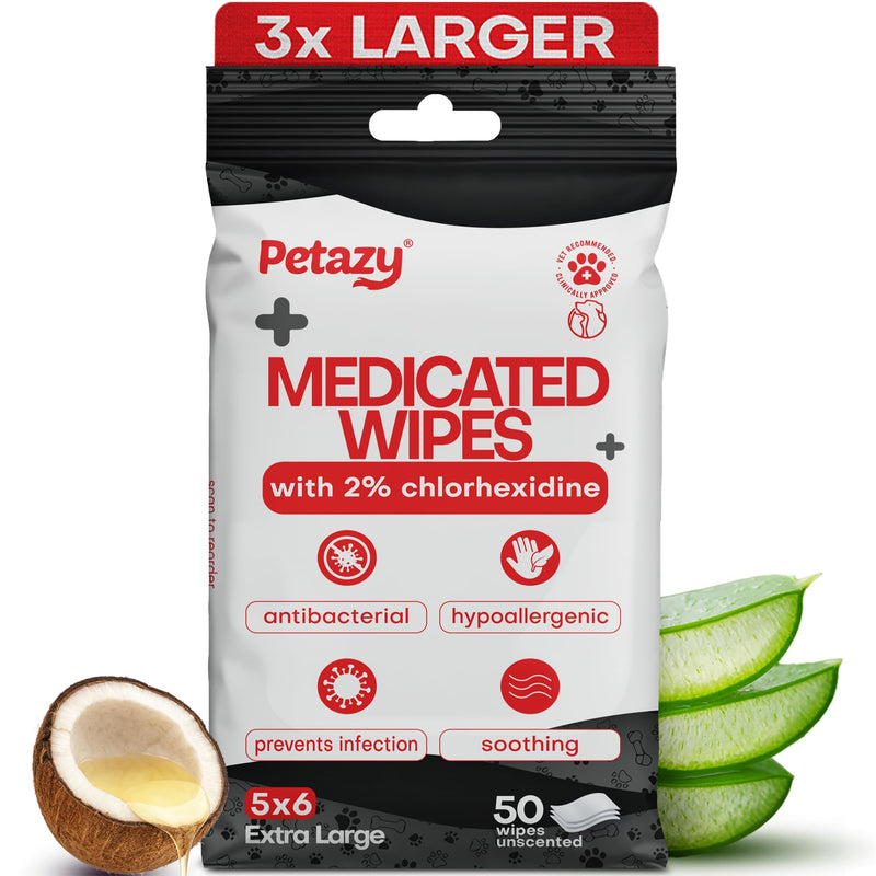 Petazy 2% Chlorhexidine Wipes for Dogs 3X Larger | Yeast Infection Ringworm Fungus Hot Spot Itch Relief | Medicated Antibacterial Antifungal Gentle Soothing Topical Wipes for Dog Cat | 50 Wipes 5x6