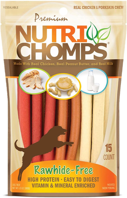 Nutri Chomps Dog Chews, 5-inch Twists, Easy to Digest, Rawhide-Free Dog Treats, 15 Count, Real Chicken, Peanut Butter and Milk flavors