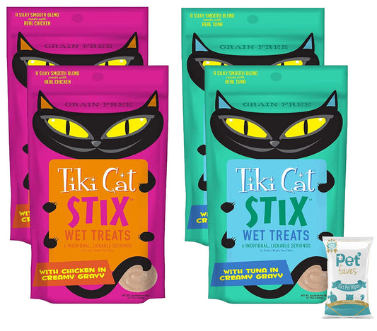 (4 Pack) Tiki Cat Stix Wet Treats, Grain Free Lickable Silky Smooth Blend in Tuna and Chicken Creamy Gravy, Topper or Treat with 10ct Pet Wipes