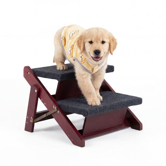 MEWANG Wooden Pet Stairs/Pet Steps - 2-in-1 Foldable Stairs & Ramp for Beds and Cars - Portable Dog/Cat Ladder Up to 110 Pounds - Great for Small and Older Animals(Brown) (17.3" L x 17.24" W x 13" H)