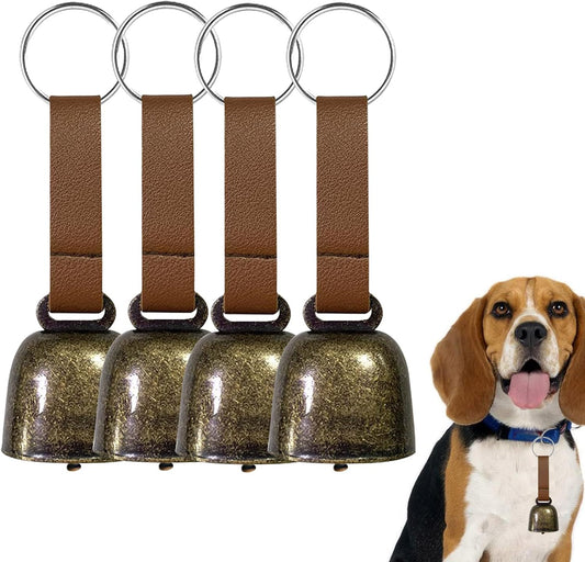 4 PCS Loud Bear Bells with Leather Button Strap Dog Collar Bell Pet Bells Tracker Noise Maker Anti-theft Bell Strap and 