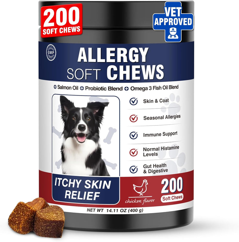 Dog Allergy Chews 200 Treats, Dog Allergy and Itching Skin Relief Bites Immune Support Dogs Probiotics for Yeast, Itchy 