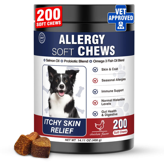 Dog Allergy Chews 200 Treats, Dog Allergy and Itching Skin Relief Bites Immune Support Dogs Probiotics for Yeast, Itchy Skin and Itchy Ears Anti Itch Licking Paws Treatment for Dogs Seasonal Allergies