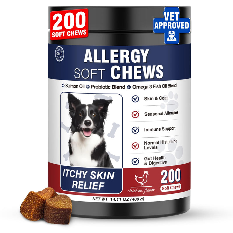 Dog Allergy Chews 200 Treats, Dog Allergy and Itching Skin Relief Bites Immune Support Dogs Probiotics for Yeast, Itchy Skin and Itchy Ears Anti Itch Licking Paws Treatment for Dogs Seasonal Allergies