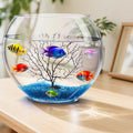 Okllen Mini Glass Fish Bowl, Oblate Small Fish Tank with Blue Aquarium Decor Sands and Plastic Coral Branch Tree Ornamen