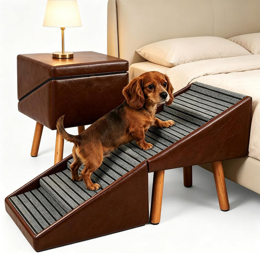 Luxury Dog Stairs for Small Dogs, Non-Slip Dog Ramp for Bed & Couch, Foldable 2-in-1 Pet Ramp & Ottoman with Solid Wood 