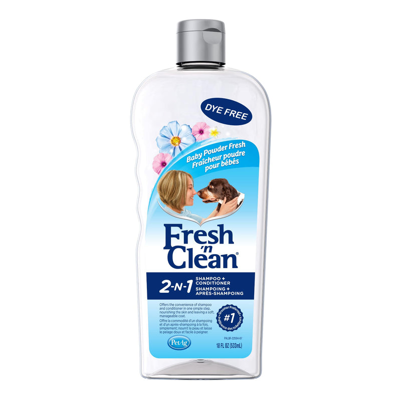 PetAg Fresh ’n Clean 2-N-1 Conditioning Shampoo, Baby Powder Scent - 18 oz - Moisturizes with Vitamin E & Aloe Vera - Strengthens & Repairs Coats - Soap Free