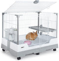 Deluxe Rabbit Cage, 32" × 21" × 26" Large Space Bunny Cage Foldable Small Animal Cage with Pull Out Tray and Caster Plat