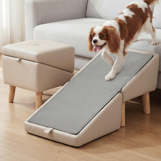 Dog Ramp for Couch, Wooden 15.5" H Dog Stairs for Small/Medium-Sized Dogs and Cats, Washable Non-Slip Silicone Surface pet Ramp,Foldable 2-in-1 Split Ottoman Design