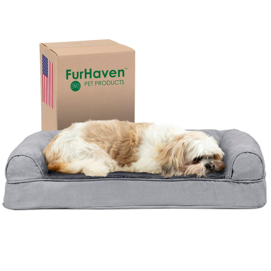 Furhaven Cooling Gel Dog Bed for Medium/Small Dogs w/ Removable Bolsters & Washable Cover, For Dogs Up to 35 lbs - Plush & Suede Sofa - Gray, Medium