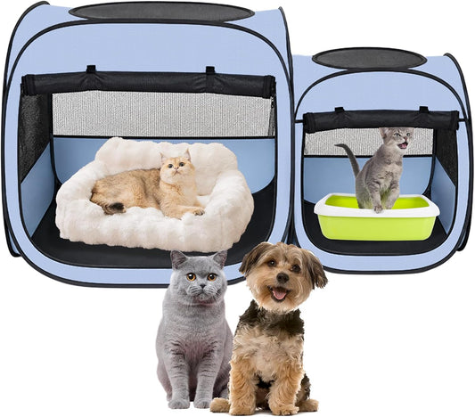 EighteenTek® 2-in-1 Portable Cat Playpen(Front Doors), Pop up Kitten Playpen, Assembly-Free, Pet Tent Crates Kennel Cage Enclosure for Dog Puppy Indoor Outdoor(No Divider, Unified Space)