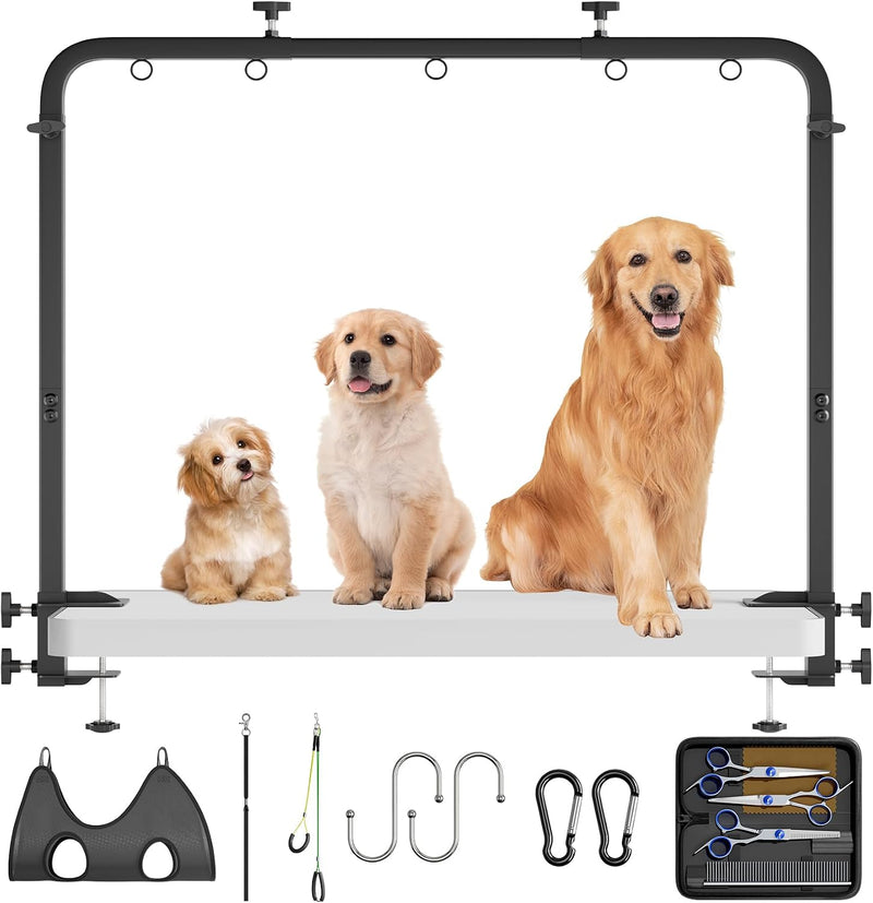 Dog Grooming Table Arm - Adjustable Height & Width, Heavy Duty Dog Grooming Station with 4-Piece Scissors Comb Set, Incl