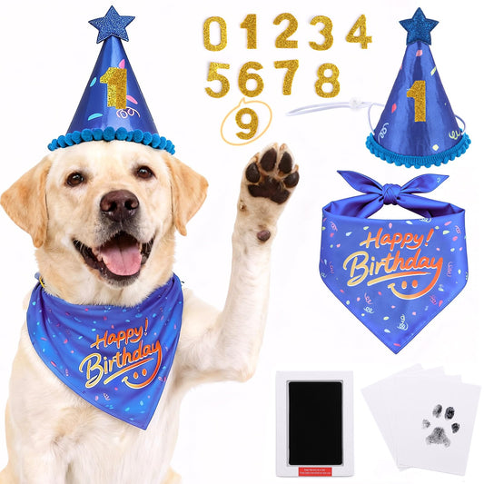 JZXOIVA Dog Birthday Party Supplies with Paw Print Kits, Dog Birthday Bandana Set, Cat Boy Girl Party Hat with Numbers for Large Medium Small Dogs, Adjustable Pet Anniversary Outfit, Blue