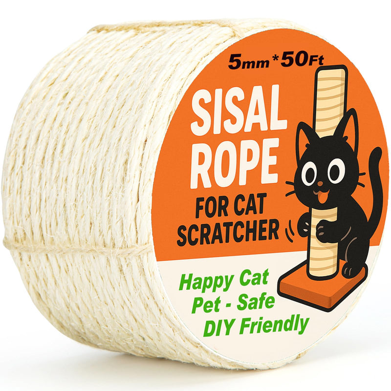 Natural Sisal Rope for Cat Scratcher Tree Thick 5-mm 1/5 Inch by 50 Feet, Cat Tower Climbing Twine for Cat Scratching Post Replacement, Scratch Post Repairing, Replace, Recovering and DIY, White