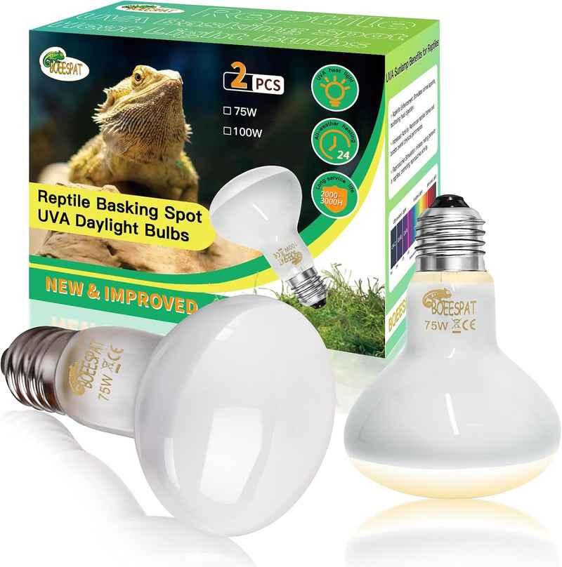 Pack of 2 Reptile Basking Light Bulbs - Incandescent 75W Simulated Sunlight UVA Heat Bulbs for Bearded Dragons, Geckos, 