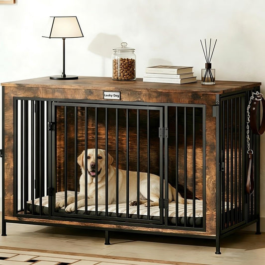 FurnPulse XL Dog Crate Furniture 48'' | Extra Large Heavy Duty Anti-Chew Dog Kennel | Rustic Wooden Entertainment Center & TV Stand with 350LB Top Capacity | Escape Proof Double Door Pet House