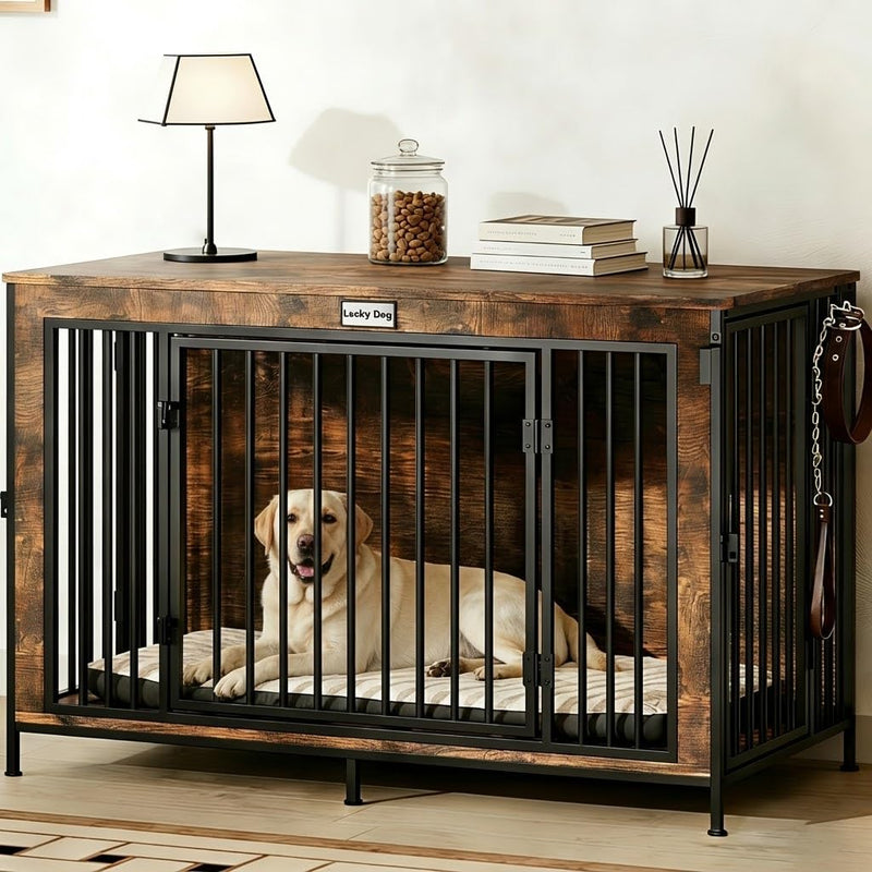 FurnPulse XL Dog Crate Furniture 48'' | Extra Large Heavy Duty Anti-Chew Dog Kennel | Rustic Wooden Entertainment Center & TV Stand with 350LB Top Capacity | Escape Proof Double Door Pet House