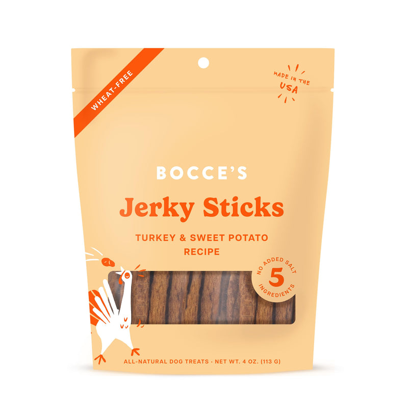 Bocce's Bakery Jerky Stick Dog Treats, Wheat-Free, Made with Limited-Ingredients, Baked in The USA with No Added Salt or Sugar, Natural & High-Protein, Turkey & Sweet Potato, 4 oz