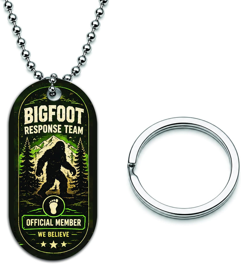 Mama Lu's Crew Bigfoot Response Team Dog Tag Necklace, Double-Sided Aluminum Sasquatch ID with Ball Chain & Key Ring, Ma