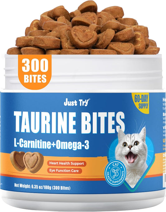 Just Try 6.35 oz Cat Taurine Bites - Taurine for Cats with L-Carnitine, Omega 3 and Vitamins - Supports Immune, Heart and Eyes Health Cat Supplements 300 Bites