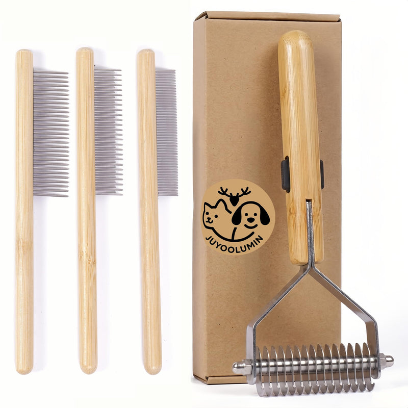Juyoolumin Bamboo Pet Grooming Kit for Medium to Long Haired Cats & Dogs, 4-in-1 Dematting Comb Set with Undercoat Rake, Detangling & Deshedding Tools, Fine/Wide Tooth Combs for Indoor Pets