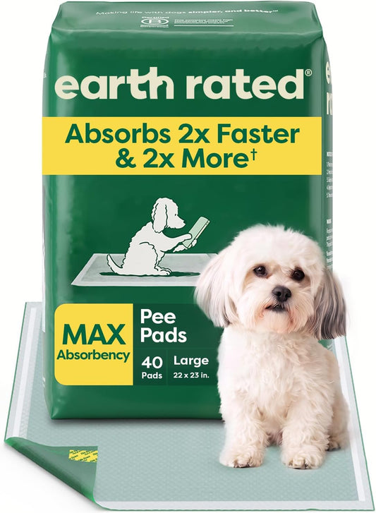 Earth Rated Puppy Pads, Max Absorbency Pee Pads for Dogs, Absorbs 2X Faster & 2X More, Leak Prevention, Potty Training, Fragrance-Free, Unscented, Regular [L], 22” x 23”, 40 Count