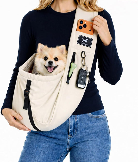 PAWPUBBY Pet Sling Carrier for Small Dogs and Cats 5-20lbs, Dog Sling with Adjustable Depth, Breathable Air Mesh Puppy Travel Bag, Water Resistant Fabric, Double Safety Leash, Machine Washable,Apricot