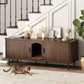 WINWY Double Cat Litter Box Enclosure Furniture, 59" Large Litter Box Furniture with Scratching Pad, Hidden Wood Pet House for 2 Cats, Indoor Modern Fluted Cabinet TV Stand for Living Room, Brown