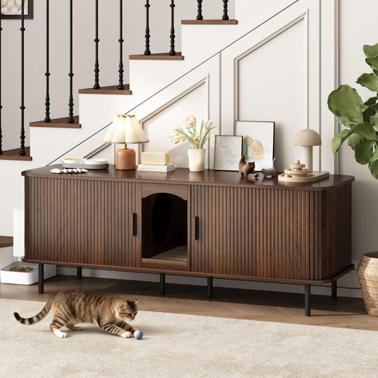 WINWY Double Cat Litter Box Enclosure Furniture, 59" Large Litter Box Furniture with Scratching Pad, Hidden Wood Pet House for 2 Cats, Indoor Modern Fluted Cabinet TV Stand for Living Room, Brown