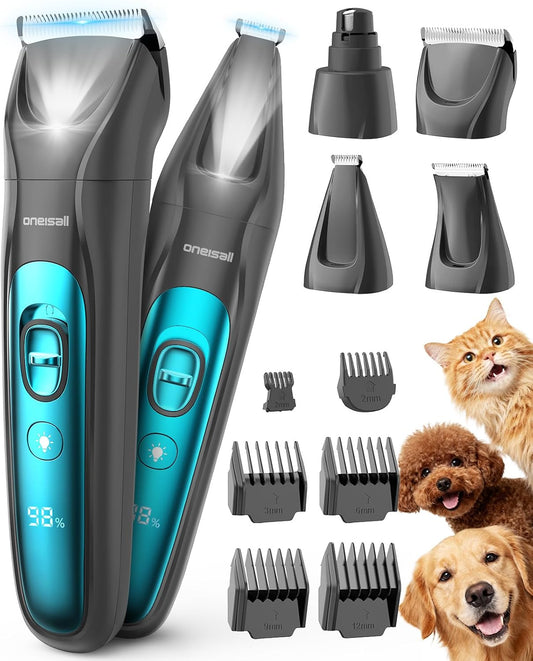 oneisall Professional Dog Grooming Kit at Home: All-in-One Quiet Clippers & Nail Grinder with LED Light, 2000mAh Cordless Dog Shaver, Safe Poodle Grooming Kit for Paws, Face, Ears & Body