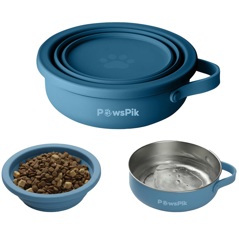 PawsPik 2-in-1 Travel Dog & Cat Bowl – Collapsible BPA-Free Silicone & 18/8 Stainless Steel, Portable & Non-Slip with Handle, Easy to Clean, Food & Water Bowl for On-the-Go Pets (Midnight Summit Blue)