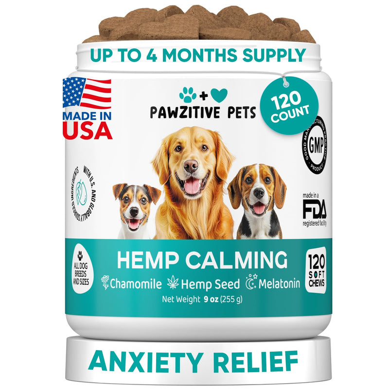 Hemp Calming Chews for Dogs - Dog Calming Chews for Anxiety Relief, Stress, Separation, Fireworks, Thunder, Travel, Vet Visits - USA Product - 120 Soft Treats with Melatonin, Chamomile, Passion Flower