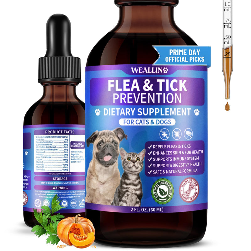 WEALLIN Flea and Tick Prevention Support for Cats and Dogs Natural Flea Treatment Drops with Multivitamin for Pets Oral Natural Supplement Flea and Tick Treatment Drops for All Breeds and Ages