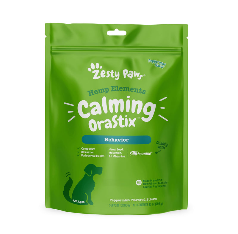 Zesty Paws OraStix for Dogs - Calming Dental Sticks for Stress with Hemp Melatonin Chamomile Dog Healthy Teeth and Gums Calm Composure for Fireworks and Thunderstorms - 25oz