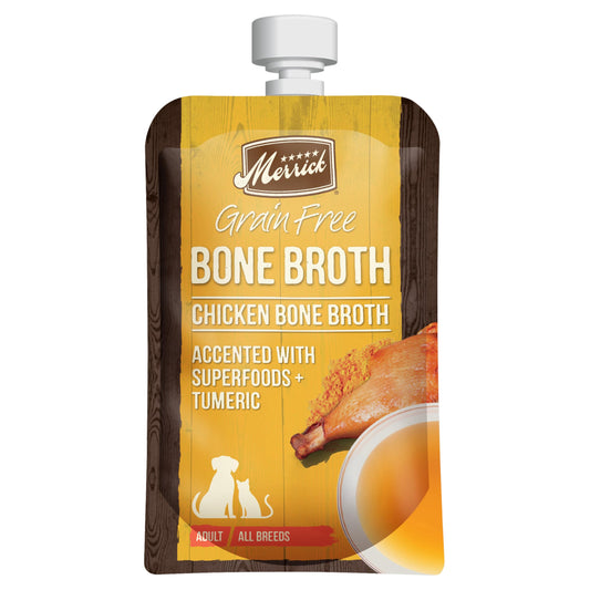 Merrick Grain Free Bone Broth, Premium Human Grade And Gluten Free Dog And Cat Food Topper Pouches, Chicken - 7 oz. Pouch