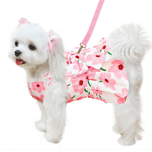 ABRRLO Cute Dog Dress Small Dog Clothes for Girls Female Puppy Outfits Floral Pet Summer Clothes Bowknot Doggy Harness Dress Cat Princess Dresses for Holiday Birthday Party (Pink Floral, Medium)