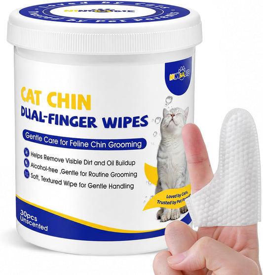 Ninibabie Cat Chin Care Wipes – Dual-Finger Wipes for Feline Acne & Blackheads, Plant-Based No-Rinse Formula, Gentle Cleansing for Sensitive Skin(Unscented-30pcs)