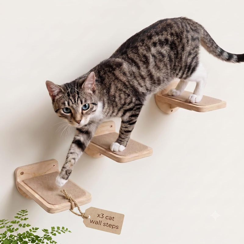 INICIO Cat Wall Stairs, Natural Wood - Set of 3 Wall Steps for Cats to Climb with Fixtures, 8.7