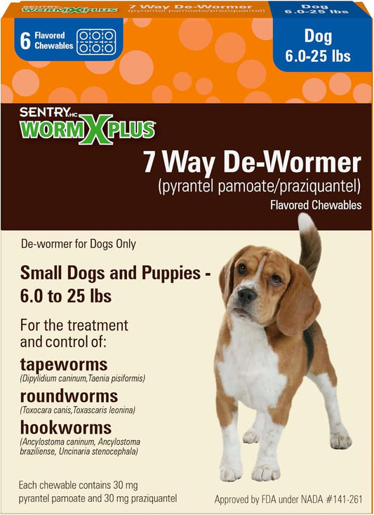 WORM X PLUS 7 Way De-Wormer Chewables for Dogs - Tablets for Small Dogs & Puppies (6-25 lbs) (pyrantel pamoate/praziquan