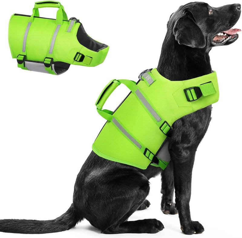 Queenmore Dog Life Jacket,Dog Life Vest for Swimming,XL Dog Swim Vest,Lightweigth Adjustable Reflective Puppy Pet Float Life Preserver Vest with Back Zip,Rescue Handle,Metal Hook (Green XL)
