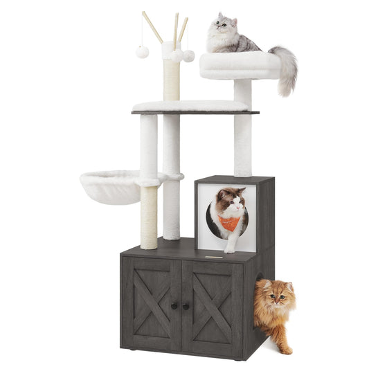 Feandrea Cat Tree with Litter Box Enclosure, 59-Inch Modern Cat Tower, 2-in-1 Condo with Scratching Posts, Washable Removable Cushion, Misty Gray UPCT113G02