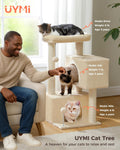 UYMI 32" Cat Tree Tower for Indoor Cats - 2 Cozy Condos, Multi-Level Cat Scratching Posts with Sisal, Soft Padded Perch, 2 Dangling Toys, Beige